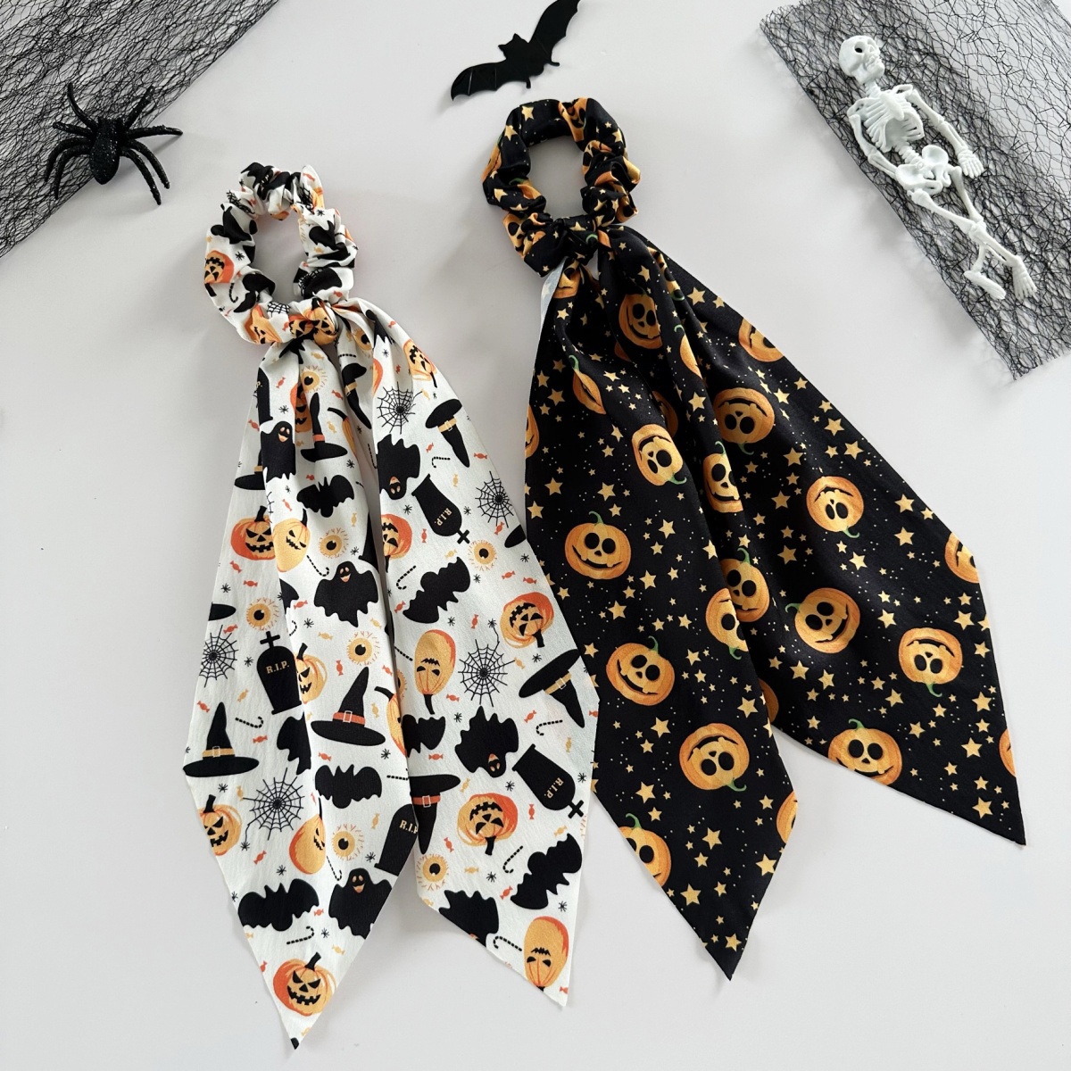 Women's Satin Ponytail Ribbon Hair Tie Dark Halloween Pumpkin Print
