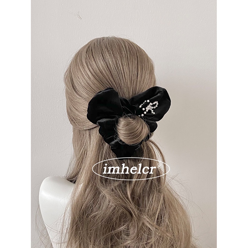 Women's Soft Velvet Pearl Bowknot Hair Tie Yellow Heart Shape