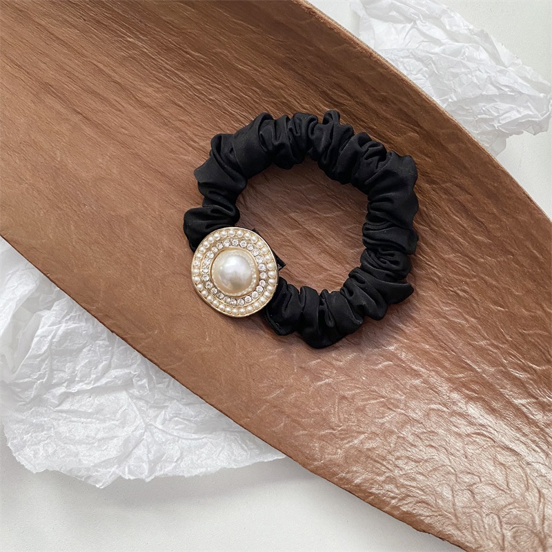 Women's Pearl Bowknot Diamond Alloy Elastic Hair Tie Black Solid Color