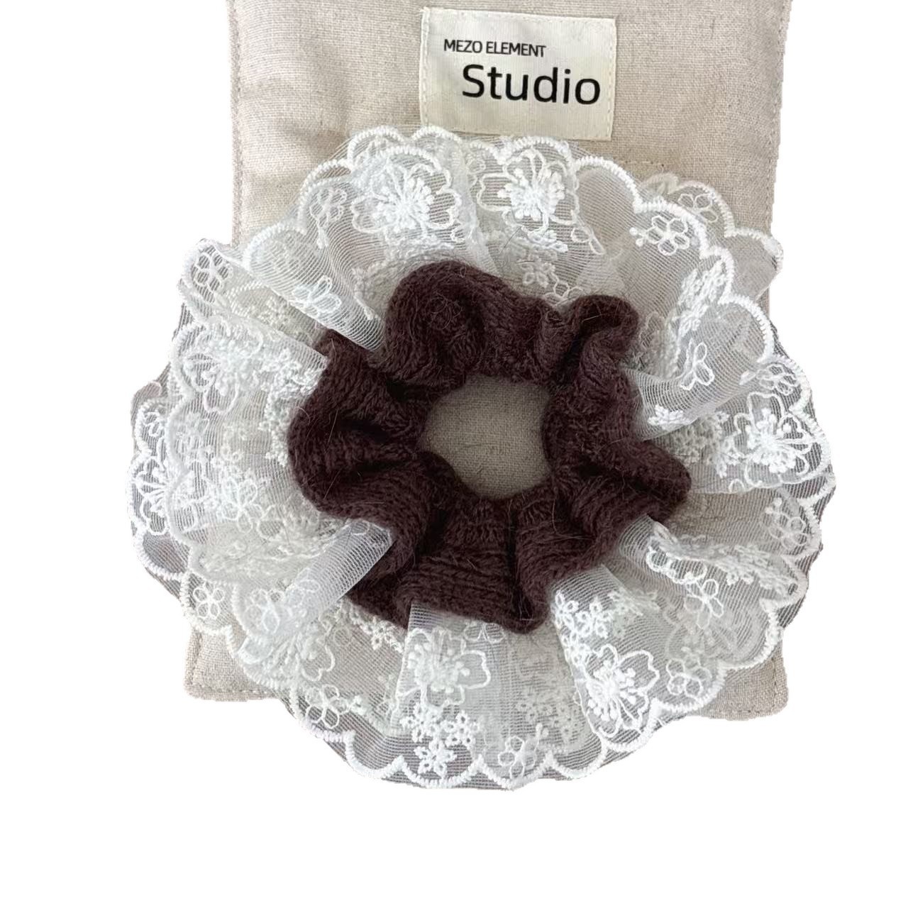 Women's Gray Knitted Lace Hair Ties Autumn Winter Fashionable Ponytail Bands