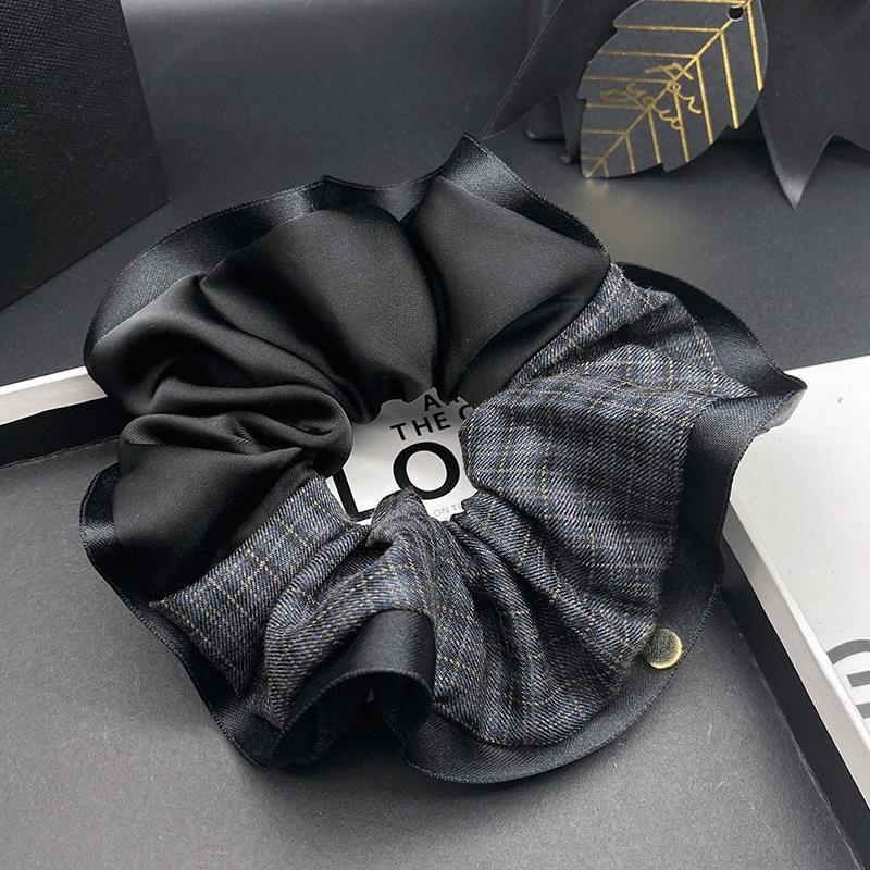 Women's Elegant Plaid Satin Hair Tie, Grey & Black Patchwork Winter Accessory
