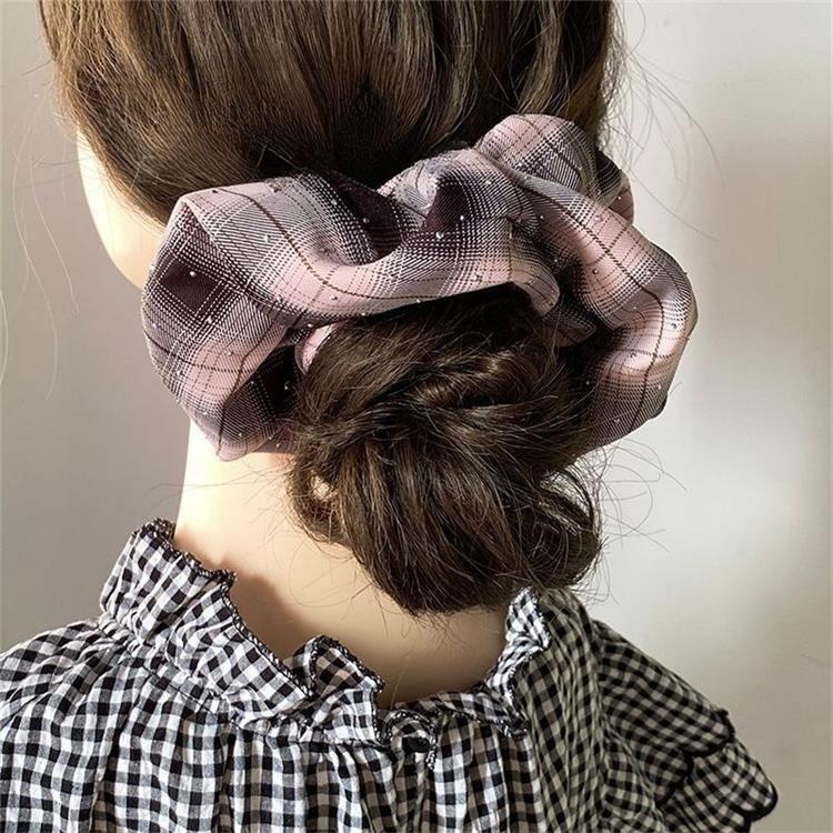 Women's Rhinestone Mesh Low Bun Bow Hair Tie Plaid White Pink Black
