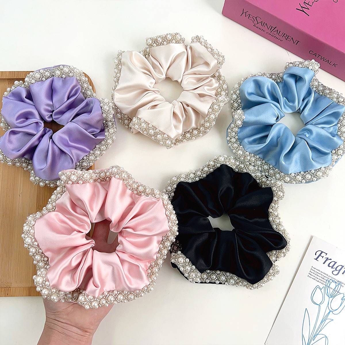 Women Elegant Satin Hair Tie Vintage Pearl Crystal Edge Pleated Scrunchie