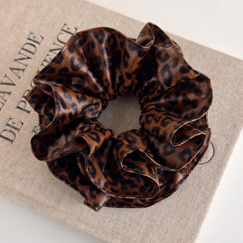 Women's Oversized Leather Bun Hair Scrunchie Coffee Leopard Print