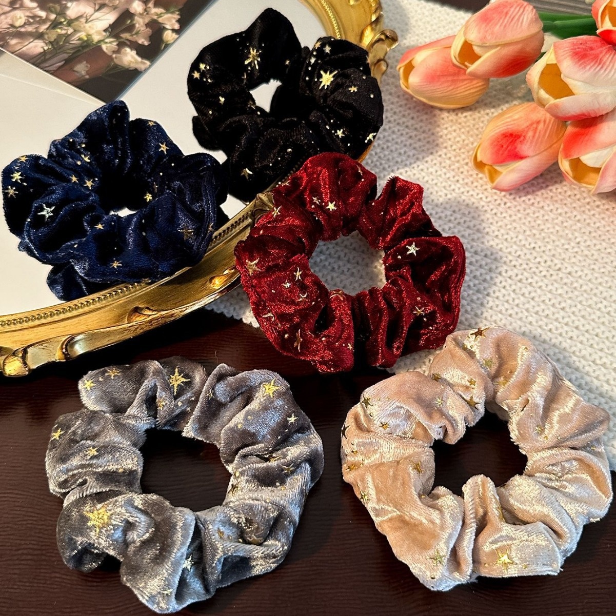 Women's Elastic Gold Velvet Bubble Headband with Star Print Pattern