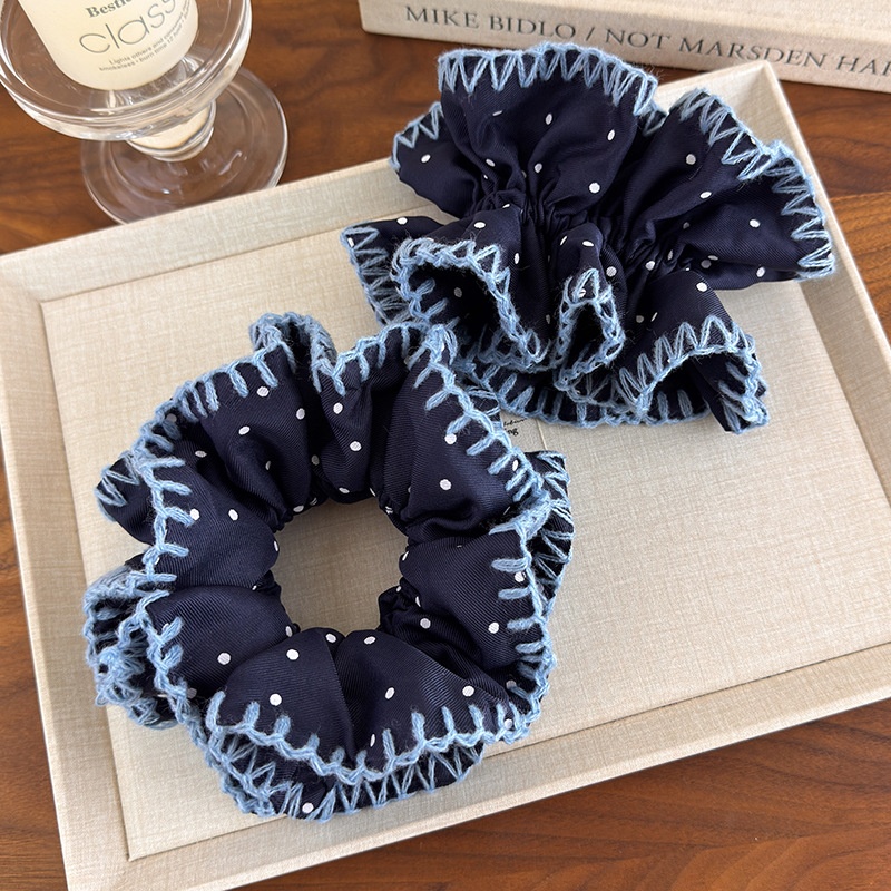Women's Casual Knitted Lace Half Updo Scrunchie Navy Blue Polka Dot