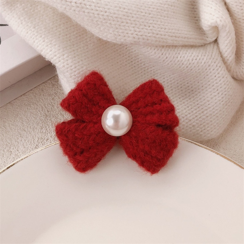 Women's Festive Red Wool Bow Hairband & Pearl Elastic Hair Tie for Winter