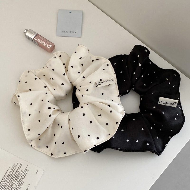 Women's Elegant French Satin Hair Tie Black White Heart Polka Dots