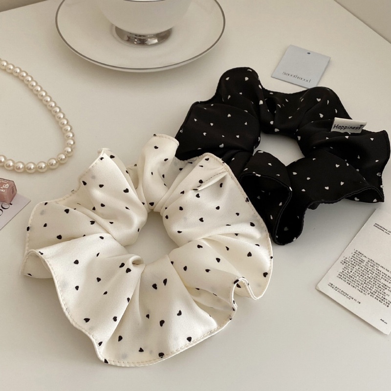 Women's Elegant French Satin Hair Tie Black White Heart Polka Dots
