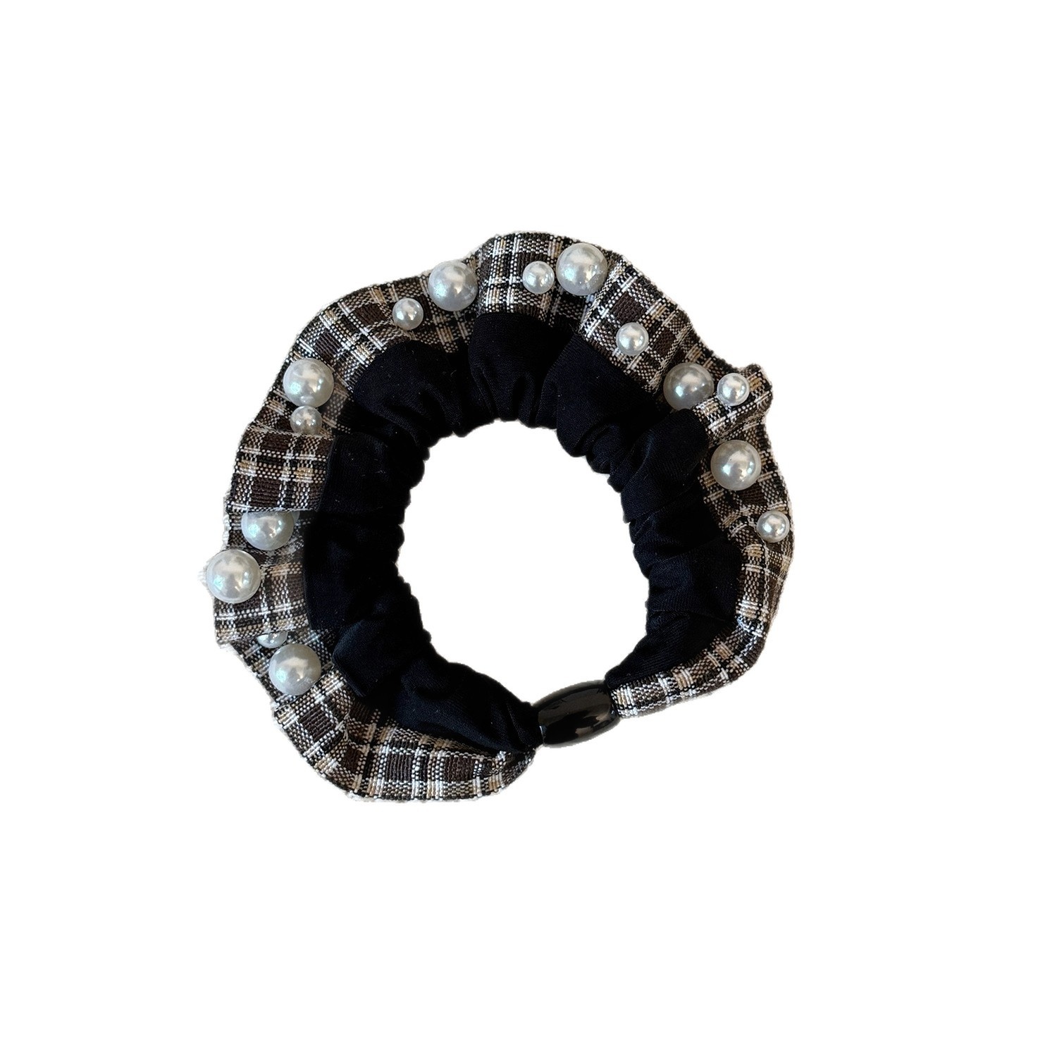 Women's Elegant Pearl Pleated Fabric Mini Hair Ties Checkered Pattern