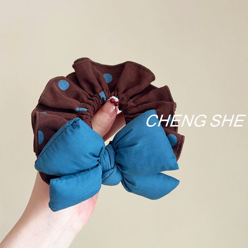 Women's Sweet Fabric Sponge Butterfly Bow Hair Tie Blue Polka Dot