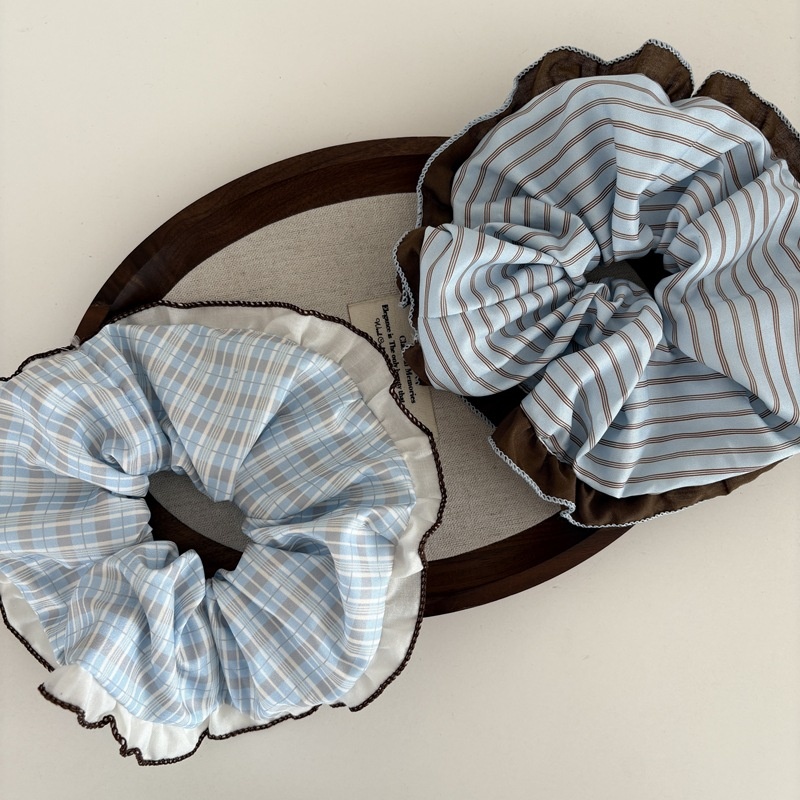Women's Cloth Lace Scrunchie Ponytail Holder Blue Coffee Striped Plaid