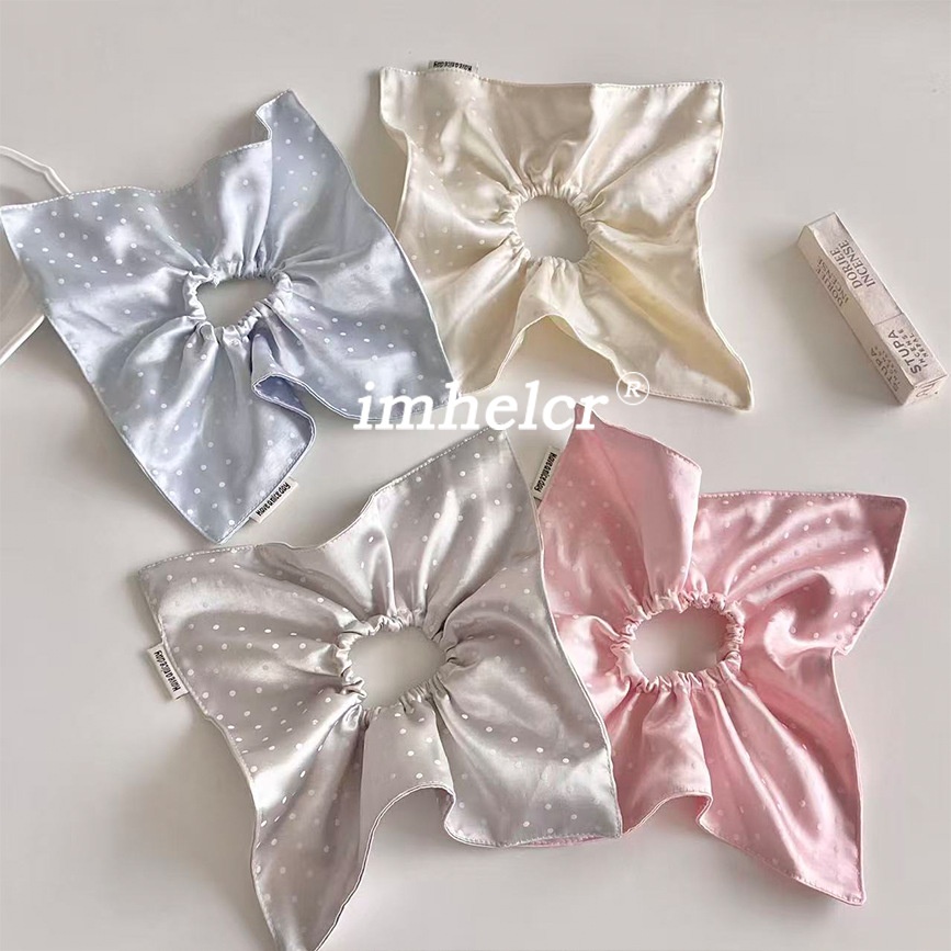 Women's Spring Summer Satin Scrunchie Hair Tie Beige Polka Dots