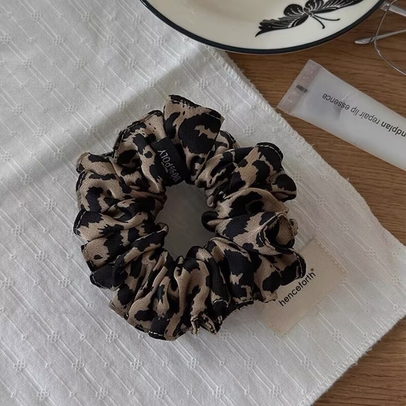 Women's Vintage Fabric Hair Tie Scrunchie Bun Maker Leopard Print