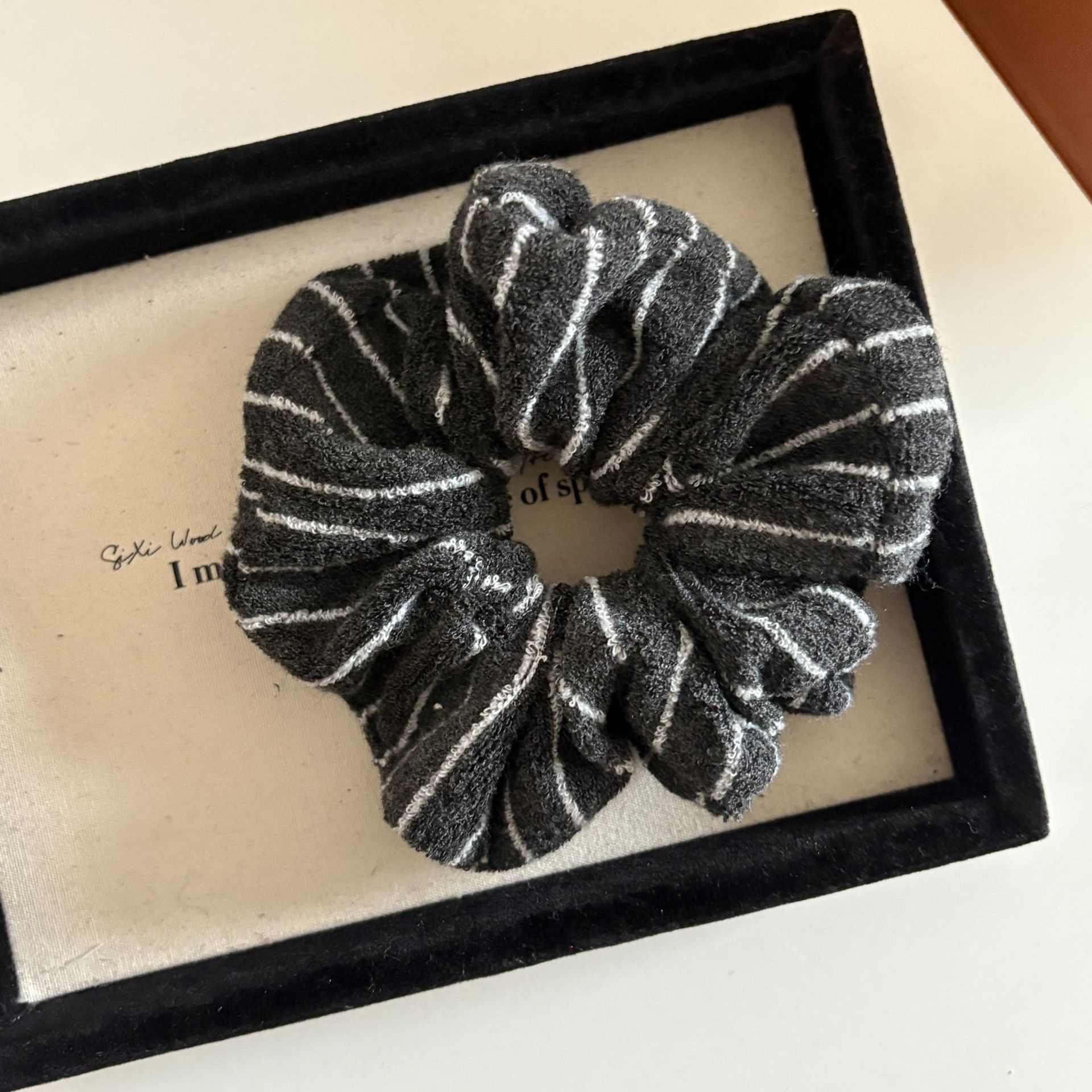 Women's Chic Striped Plush Knit Hair Tie, Soft Autumn Winter Black Scrunchie
