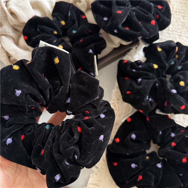 Women's Autumn Winter Velvet Cotton Hair Band Black Colorful Dots