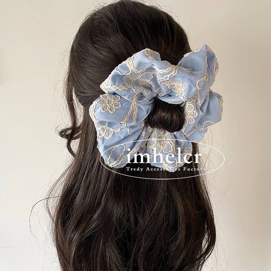 Women's Denim Bubble Braid Hair Tie Light Blue Embroidered Flower