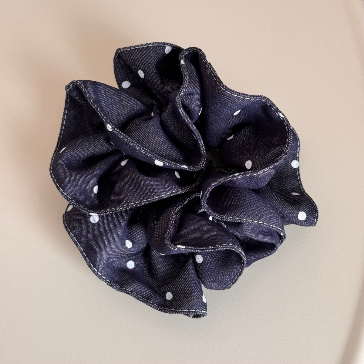 Women's Elegant Denim Cloth Scarf Hair Tie Dark Blue Polka Dot