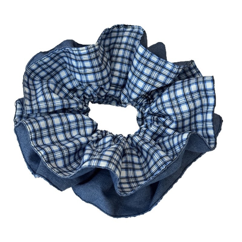 Women's Comfortable Cloth Scrunchies Hair Tie Blue Color Block Checkered