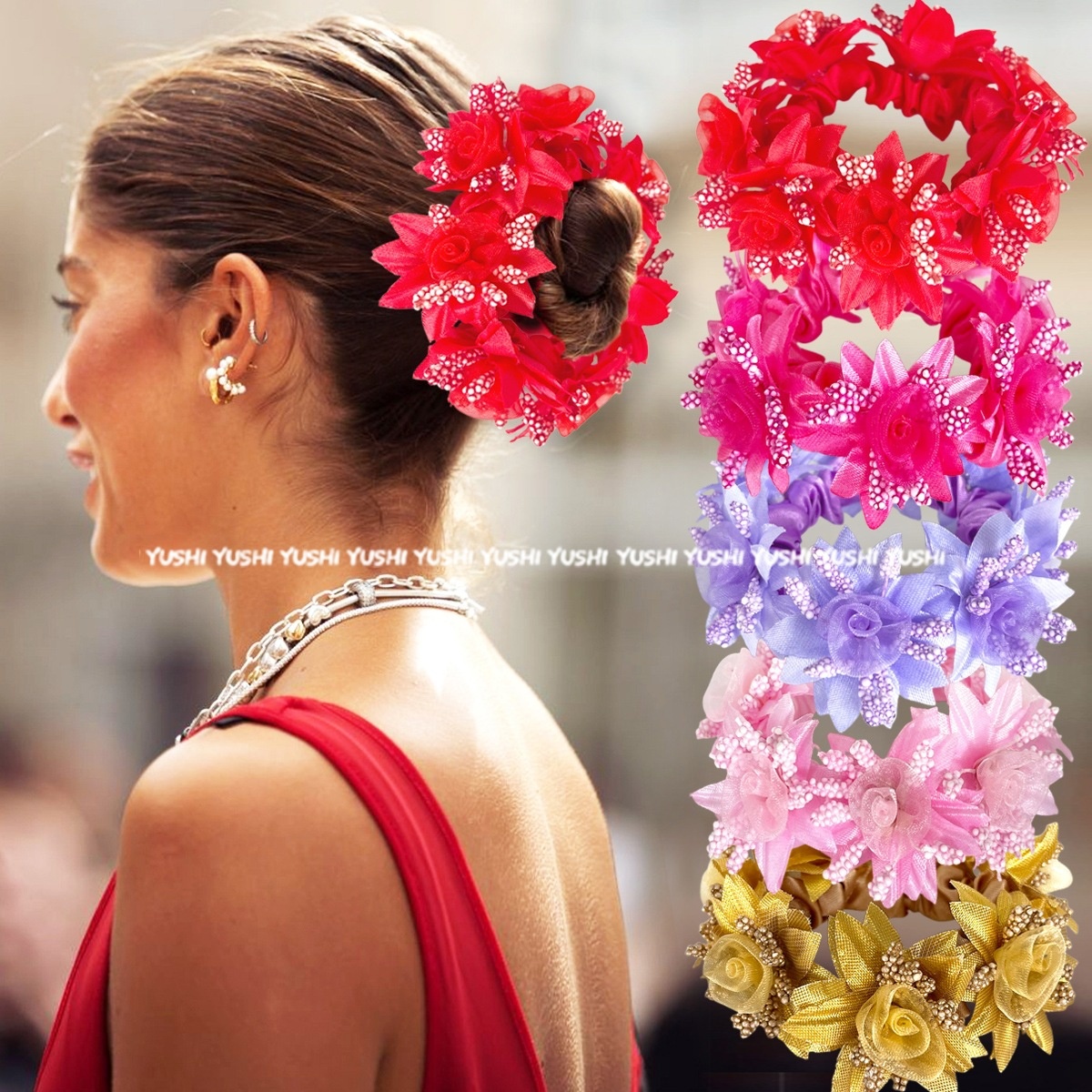 Women's Vintage Rose Cloth Hair Tie For Winter Champagne Floral