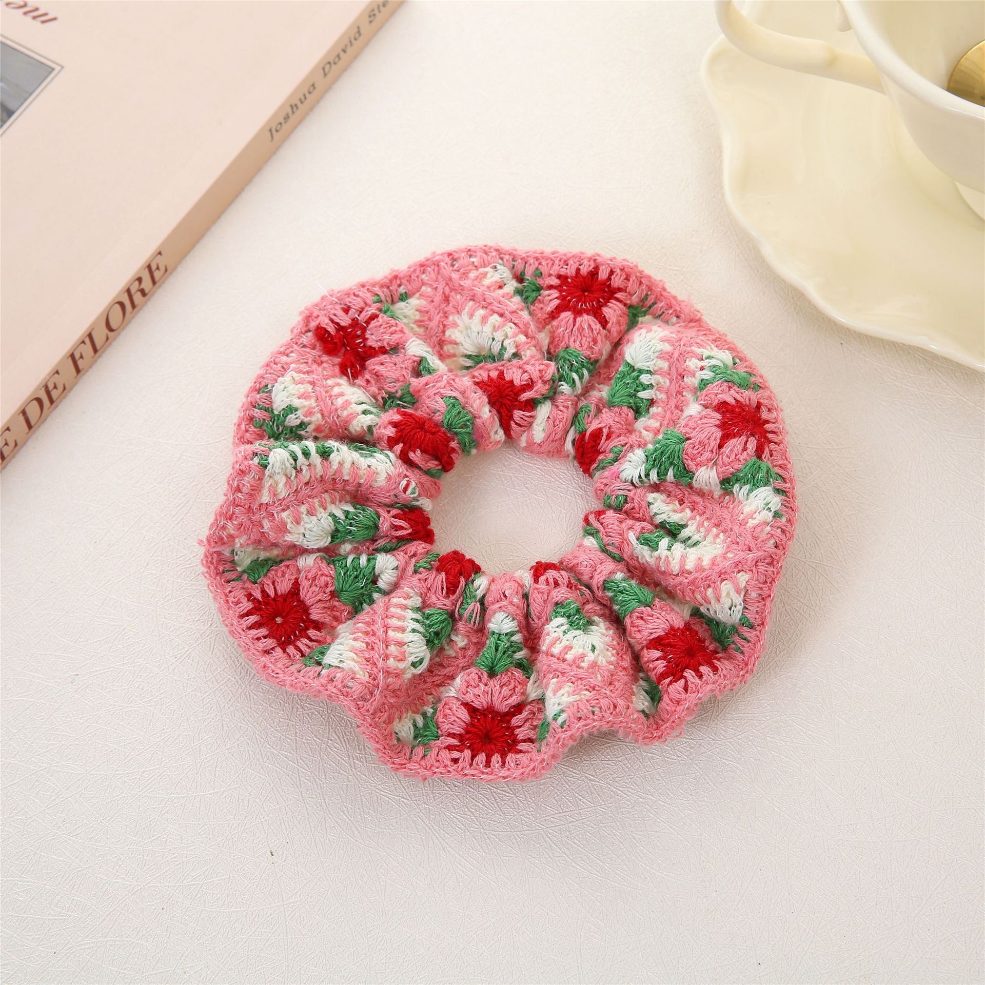 Women's Knitted Scrunchie Hair Tie Ponytail Holder Ditsy Floral Rose
