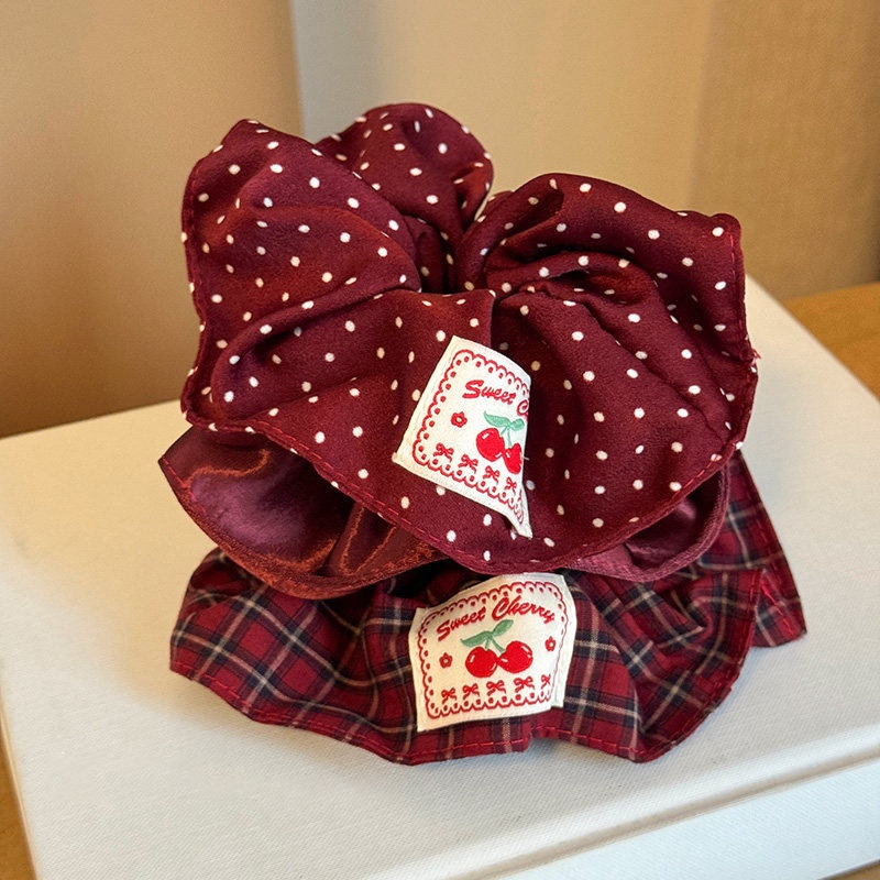 Women's High Elastic Cloth Bun Hair Scrunchie Red Plaid Polka Dot