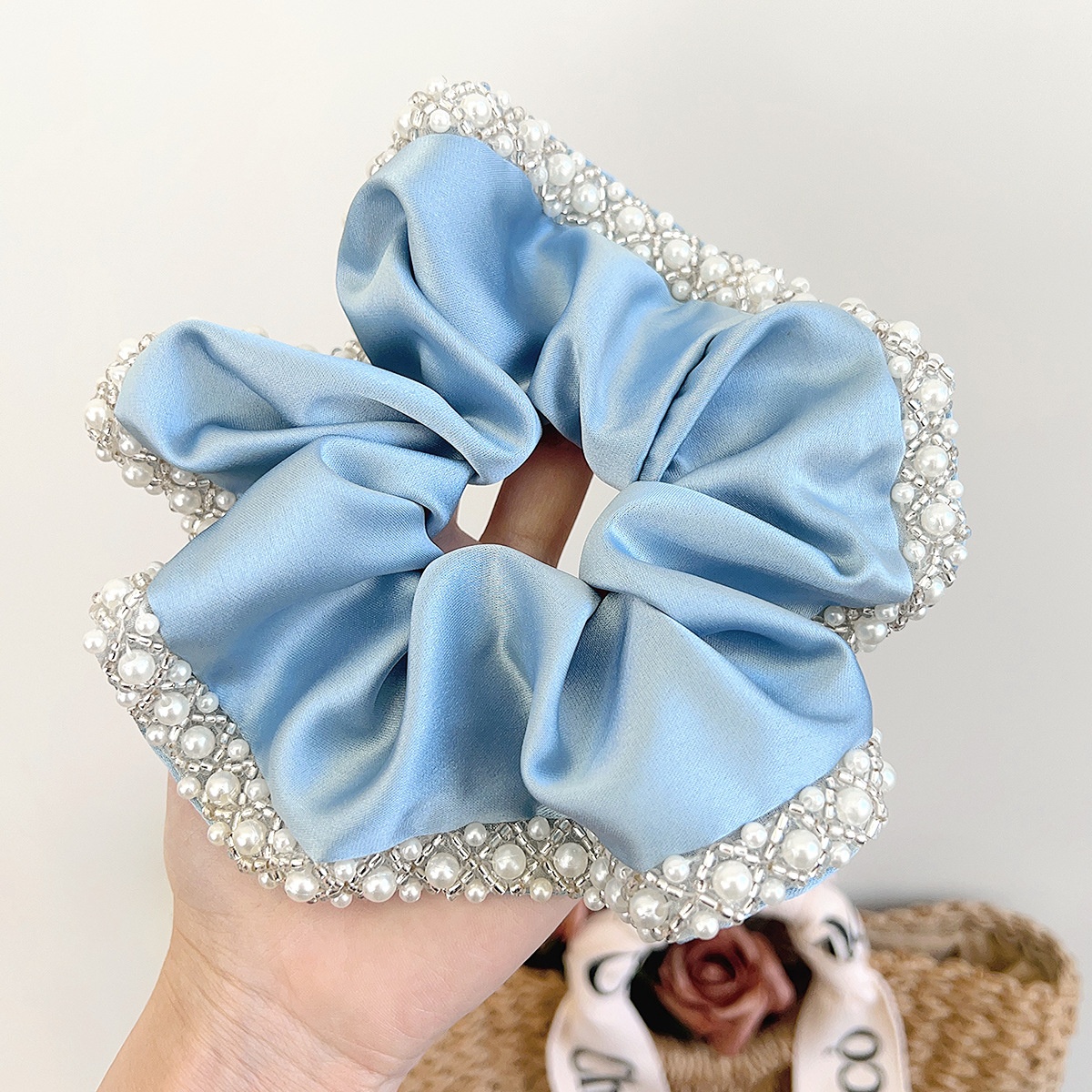 Women Elegant Satin Hair Tie Vintage Pearl Crystal Edge Pleated Scrunchie