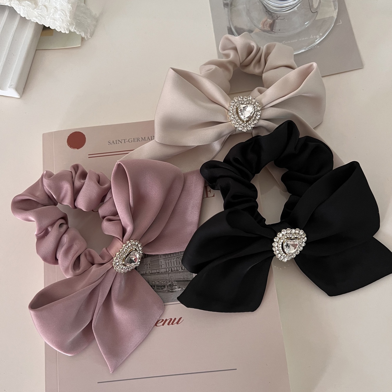 Women's Elegant Satin Bow Knot Hair Tie with Sparkling Rhinestones