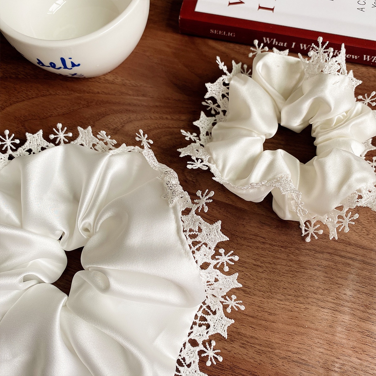 Women's French Style Satin Large Scrunchie Hair Tie White Star Lace
