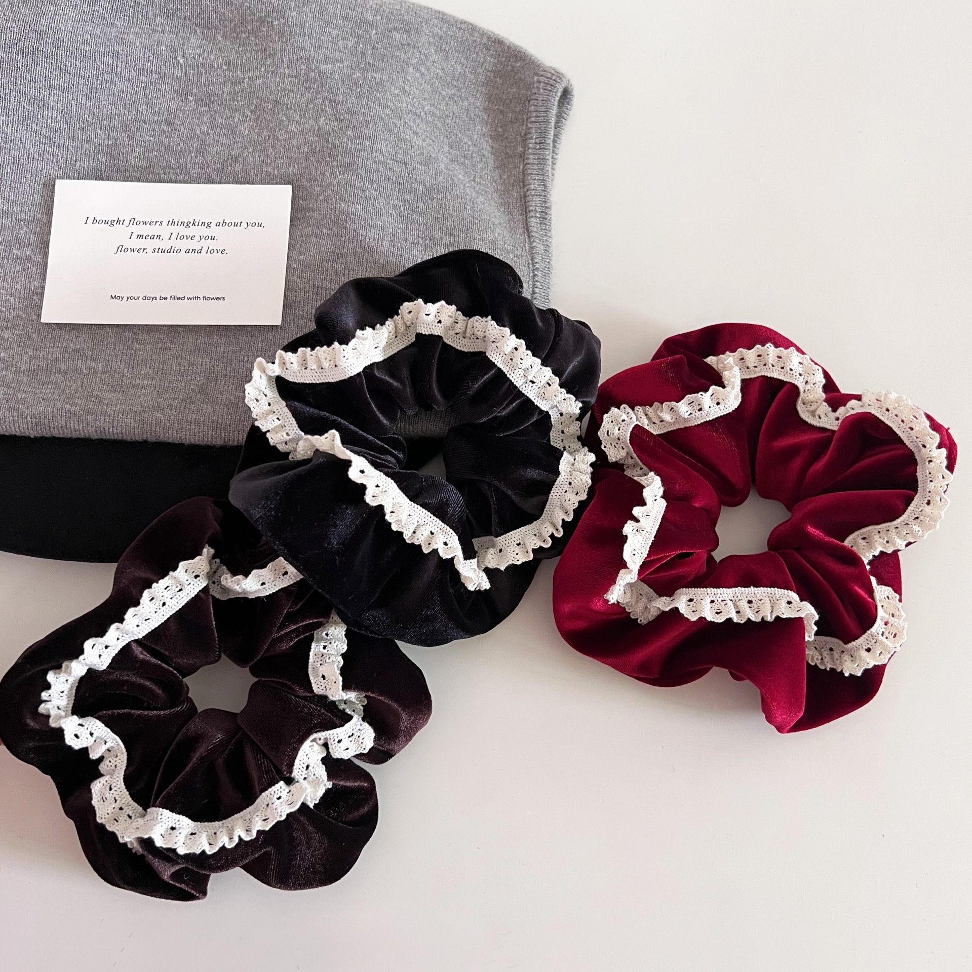 Women's French Lace Edge Velvet Hair Tie for Buns in Elegant Solid Colors