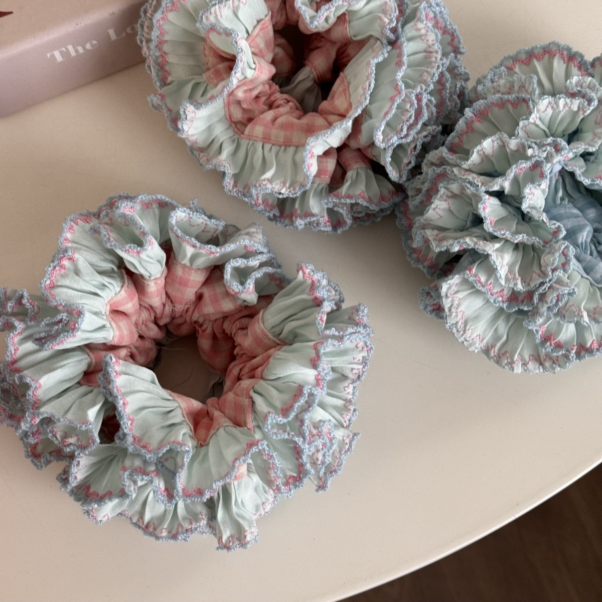 Women Daily Vintage Ruffled Bow Cloth Hairband Plaid Pink Blue