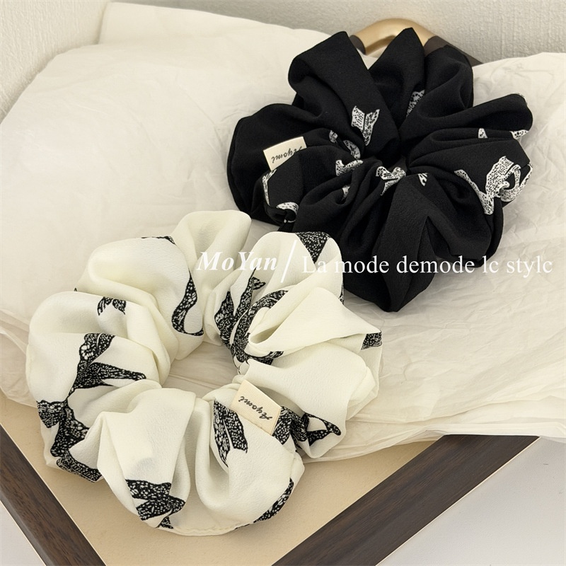 Women's Casual Fabric Hair Tie Large Bowknot Black White Ink Wash Print
