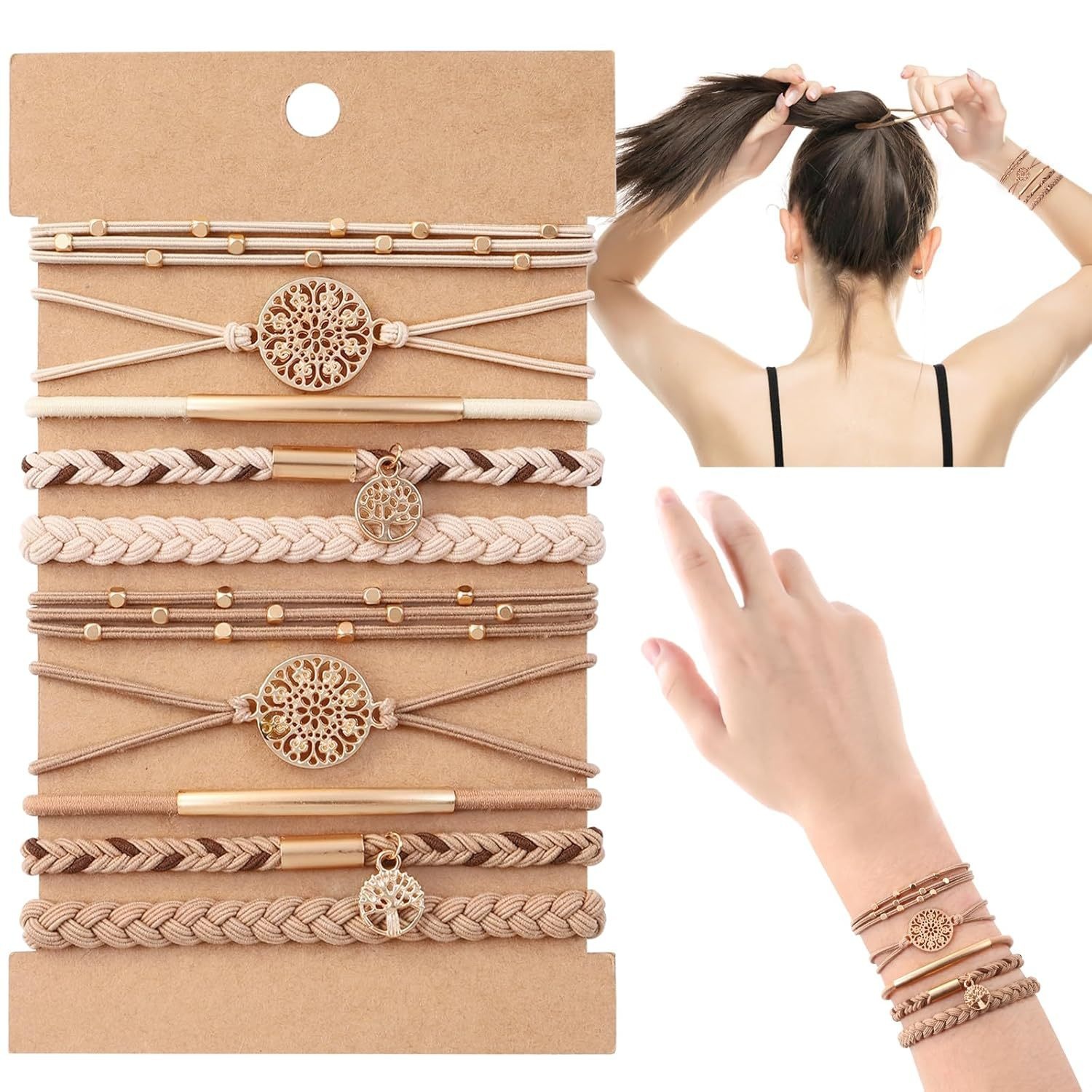 Women's 5Pcs Brown Metal Tree of Life Elastic Hair Tie Bracelet Set