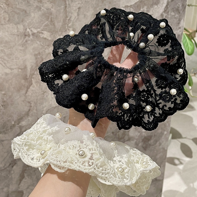 Women's Pearl Lace Ruffle Low Bun Scrunchies Ocean Rose Pattern