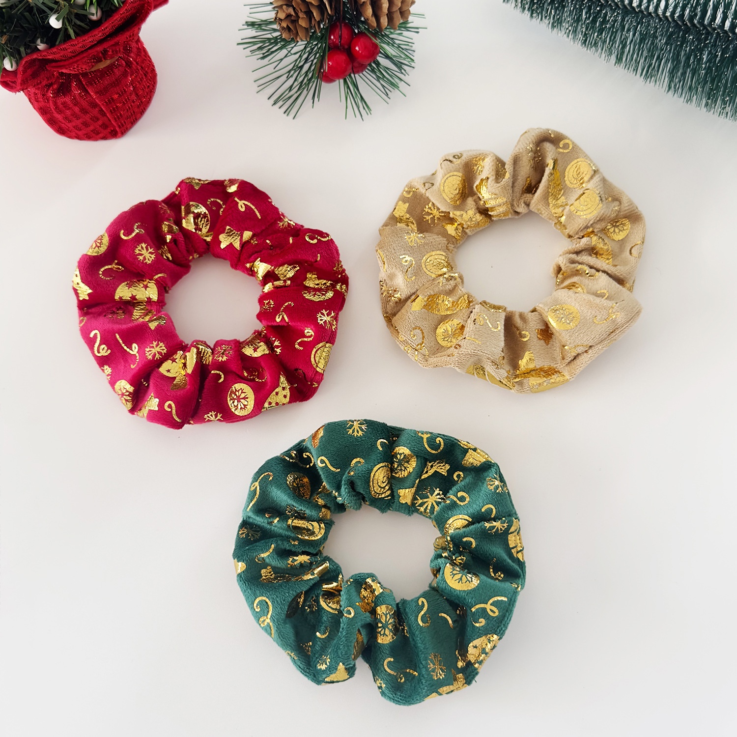Women's Festive Velvet Hair Scrunchies Gold Embossed Christmas Tree