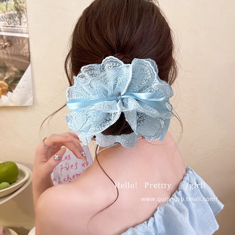 Women's Cloth Drawstring Bun Hair Tie Scrunchie Multi-layer Lace