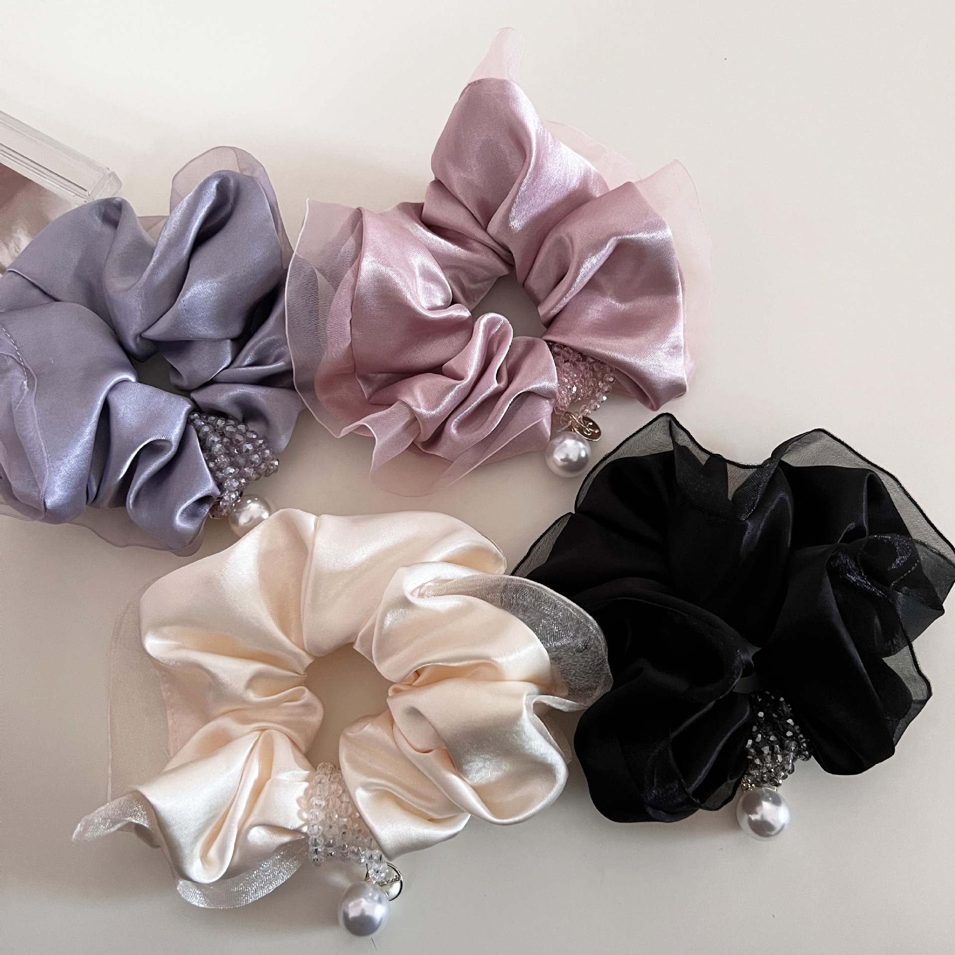 Women's Elegant Satin Pearl Hair Tie Glossy Solid Color Bun Accessory