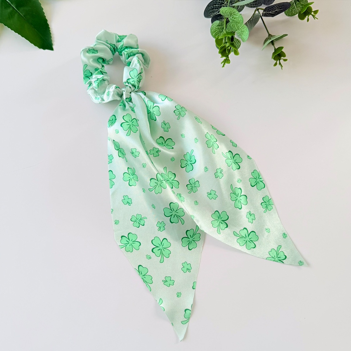 Women's St. Patrick's Cloth Ribbon Hair Tie Green Clover Print