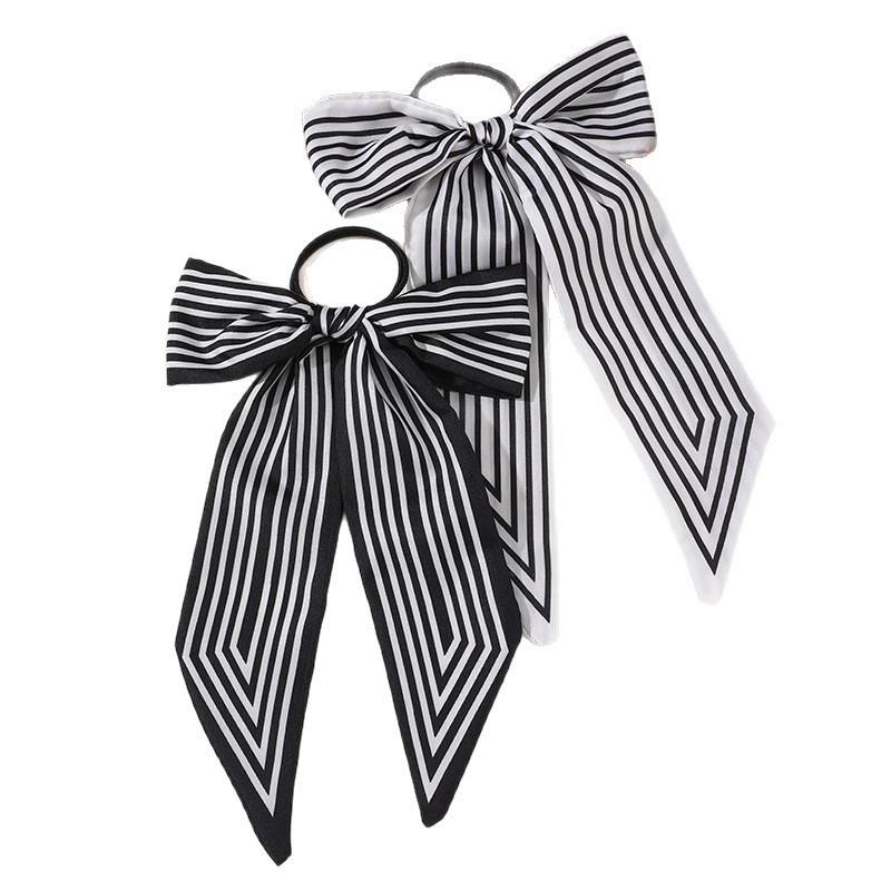 Women's Satin Bow Hair Tie Scarf Headband Black Striped Floral Plaid