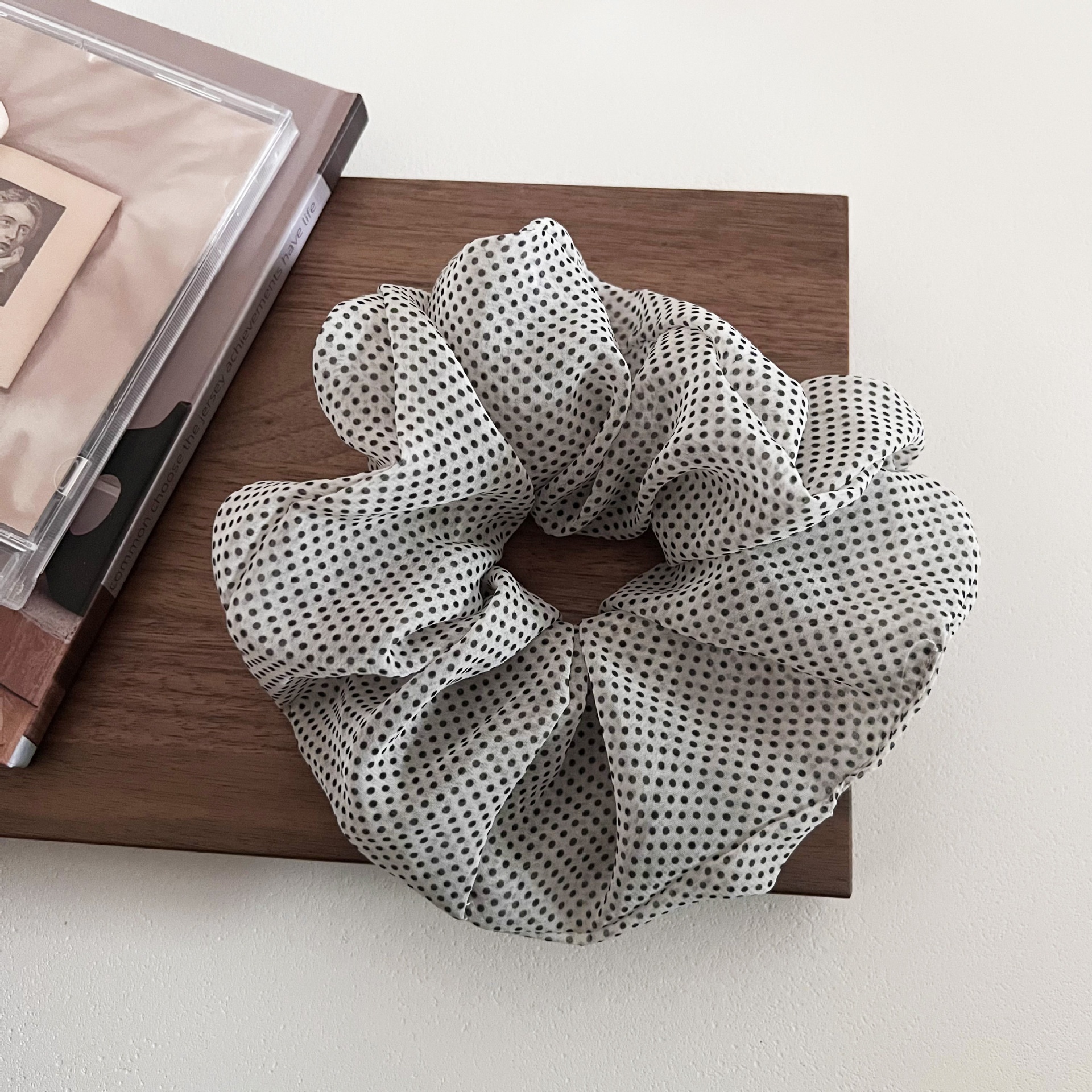 Women's French Retro Mesh Low Bun Hair Tie Black & White Polka Dot
