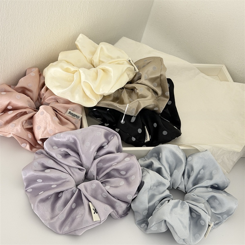Women's Spring Flocking Satin Hair Tie Scrunchie Black Polka Dots