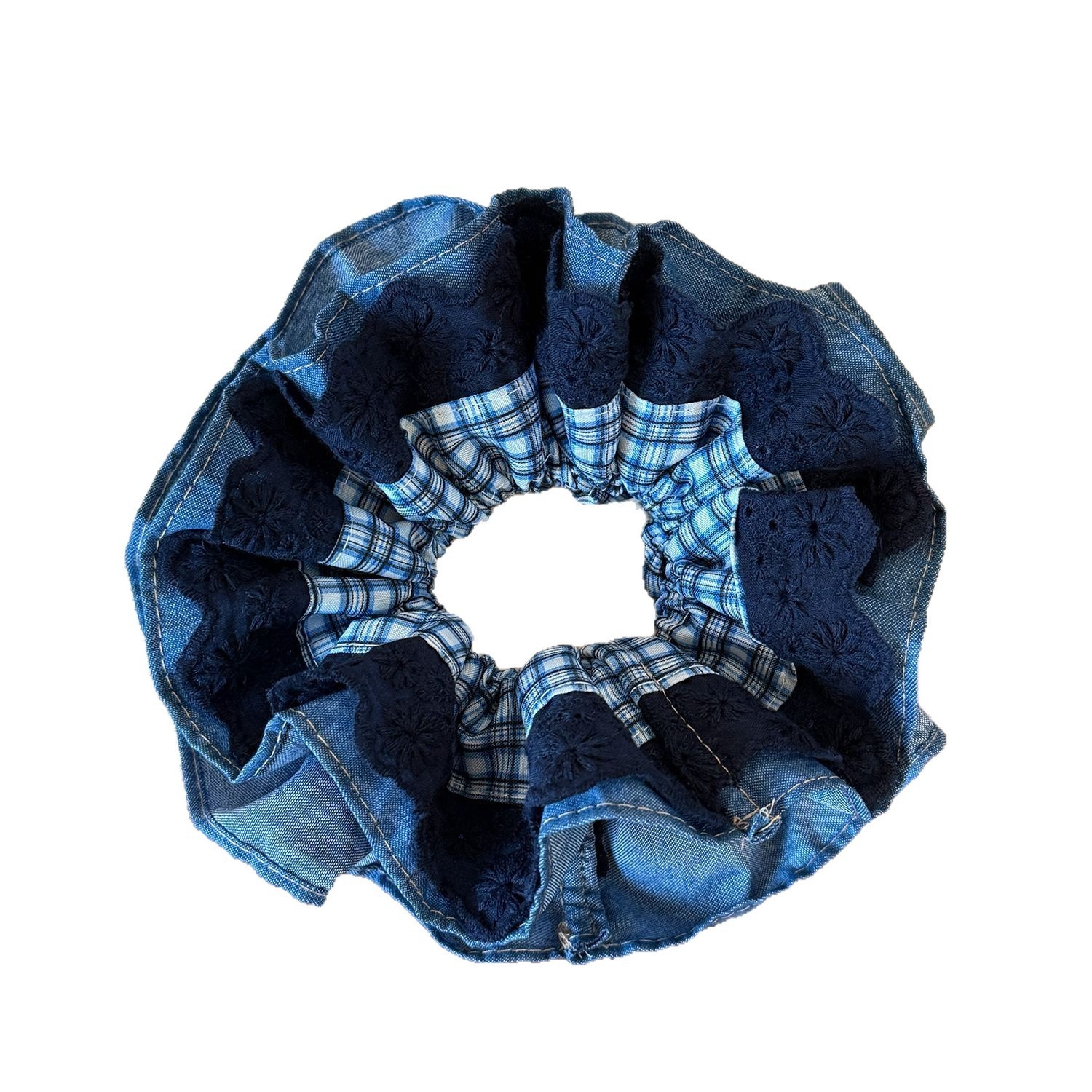 Women's Elegant Cloth Hair Scrunchie Double Layer Blue Plaid Lace