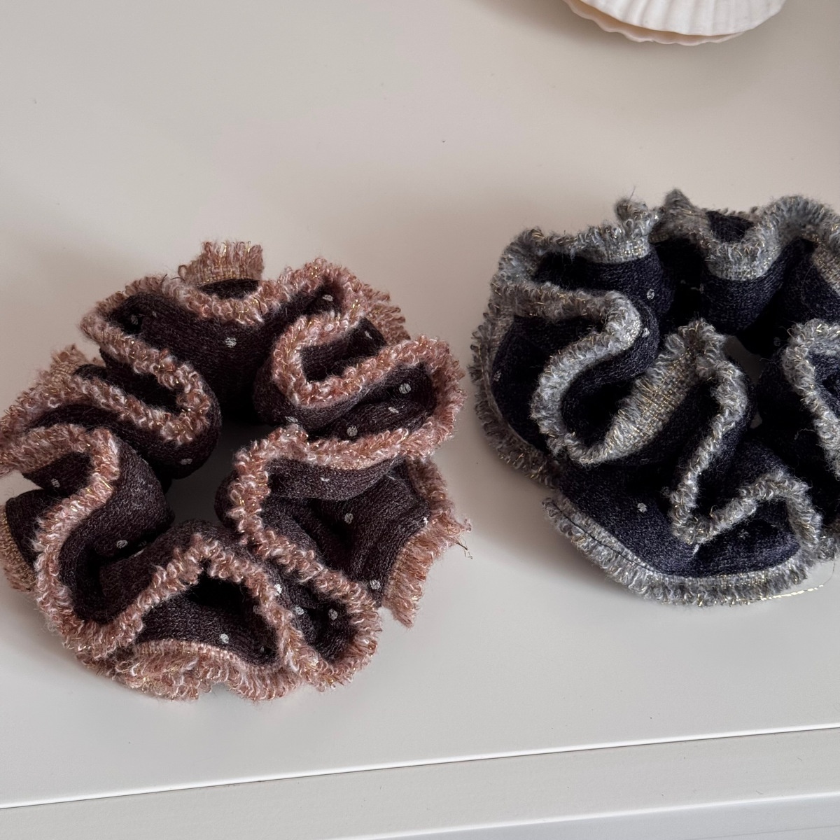 Women's Winter Cozy Plush Knit Hair Tie With Coffee Polka Dots