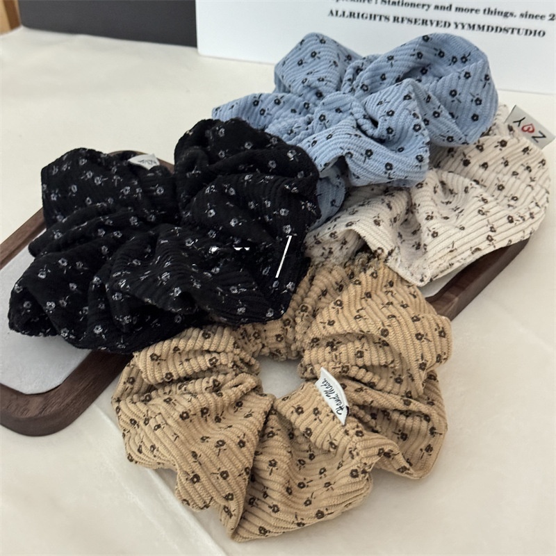 Women's Fall Winter Corduroy Hair Tie Scrunchie Khaki Ditsy Floral