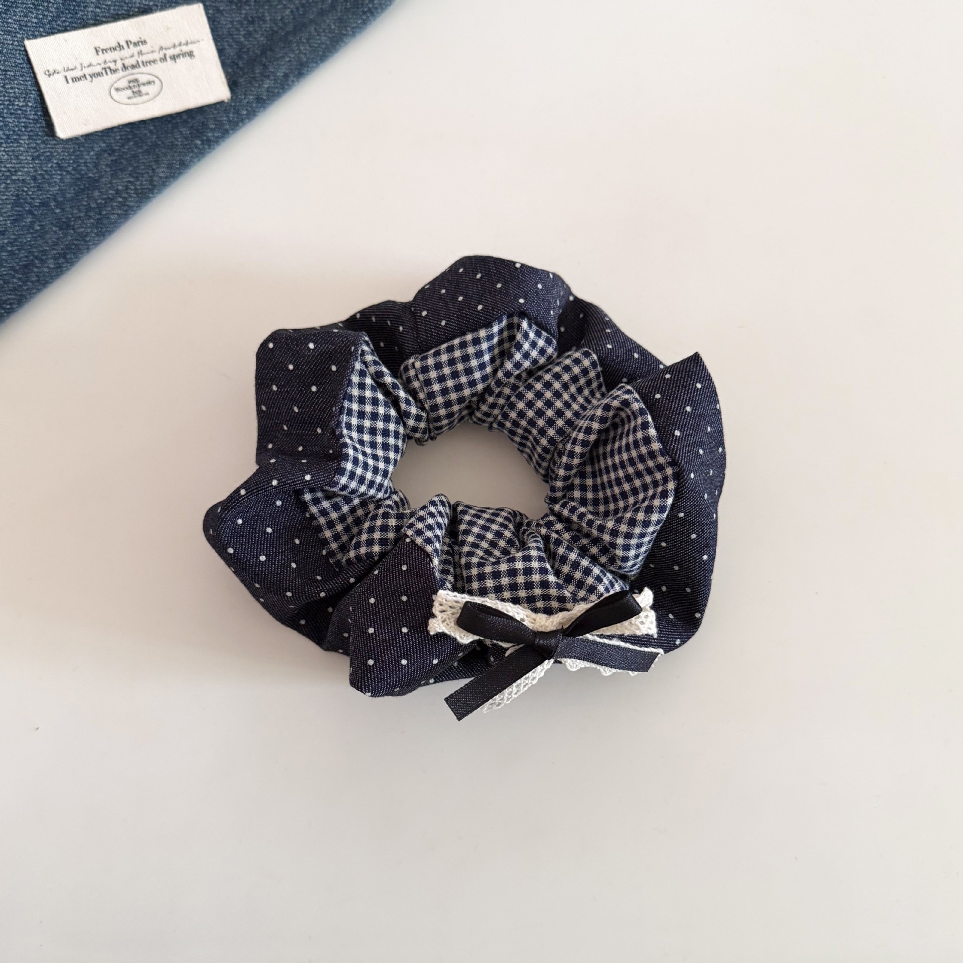 Women Cloth Ponytail Bow Hairband Navy Blue Coffee Plaid Polka Dot
