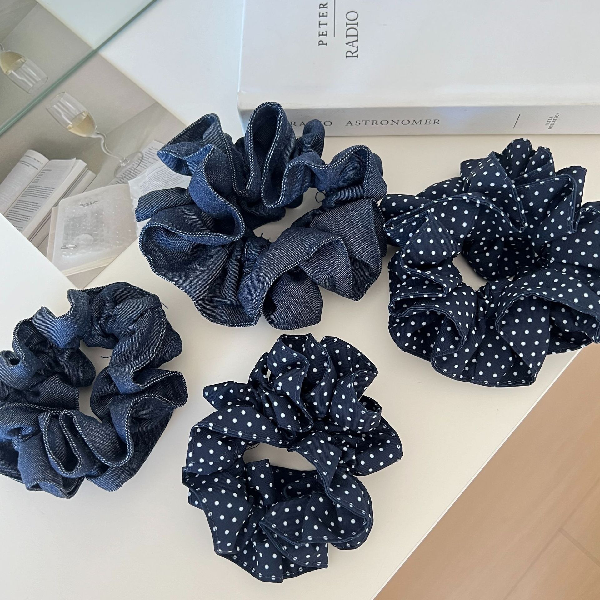 Women's Vintage Fabric Scrunchie Hair Tie for Daily Wear Navy Blue Polka Dot