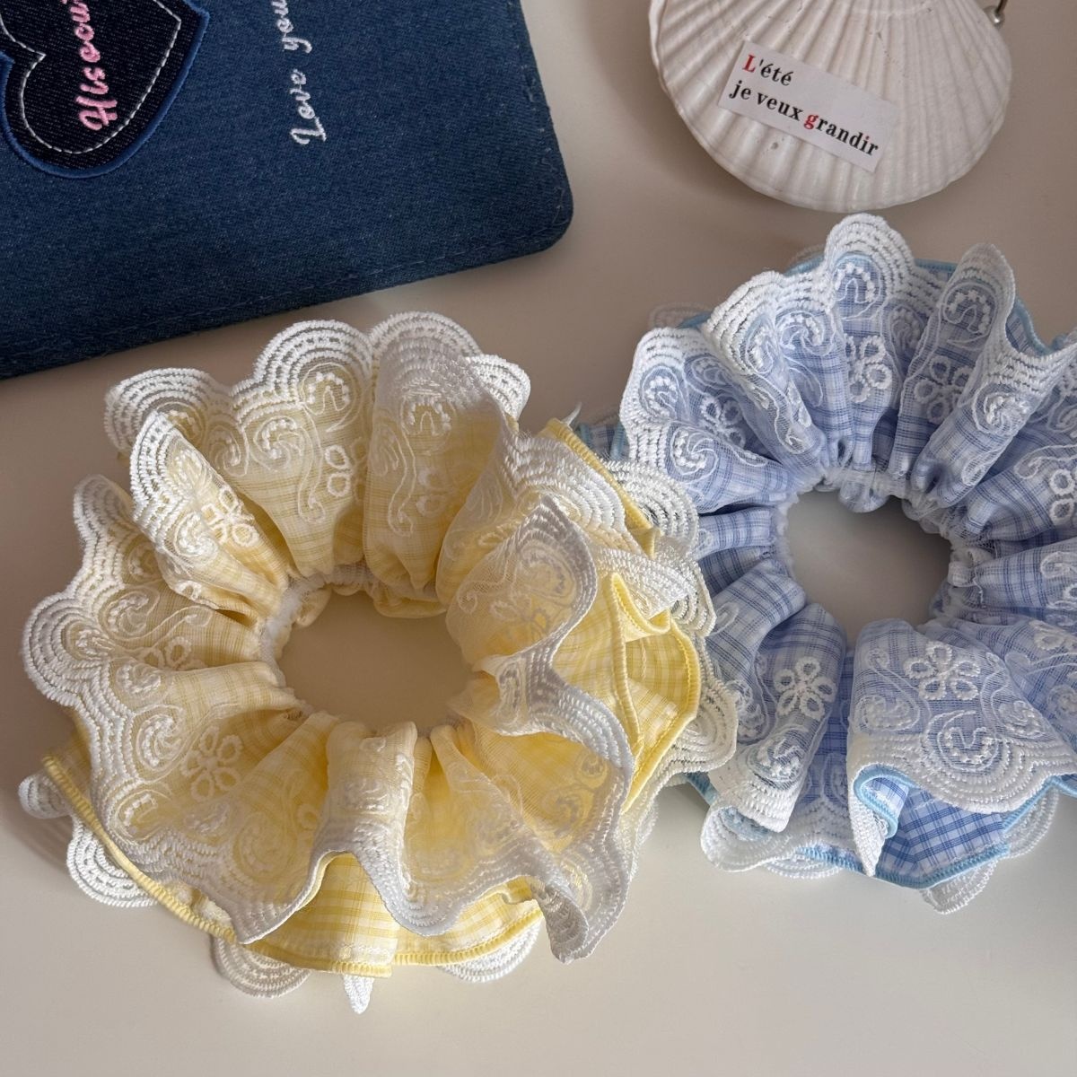 Women's Stylish Cloth Hair Tie Ponytail Holder Blue Yellow Plaid Lace