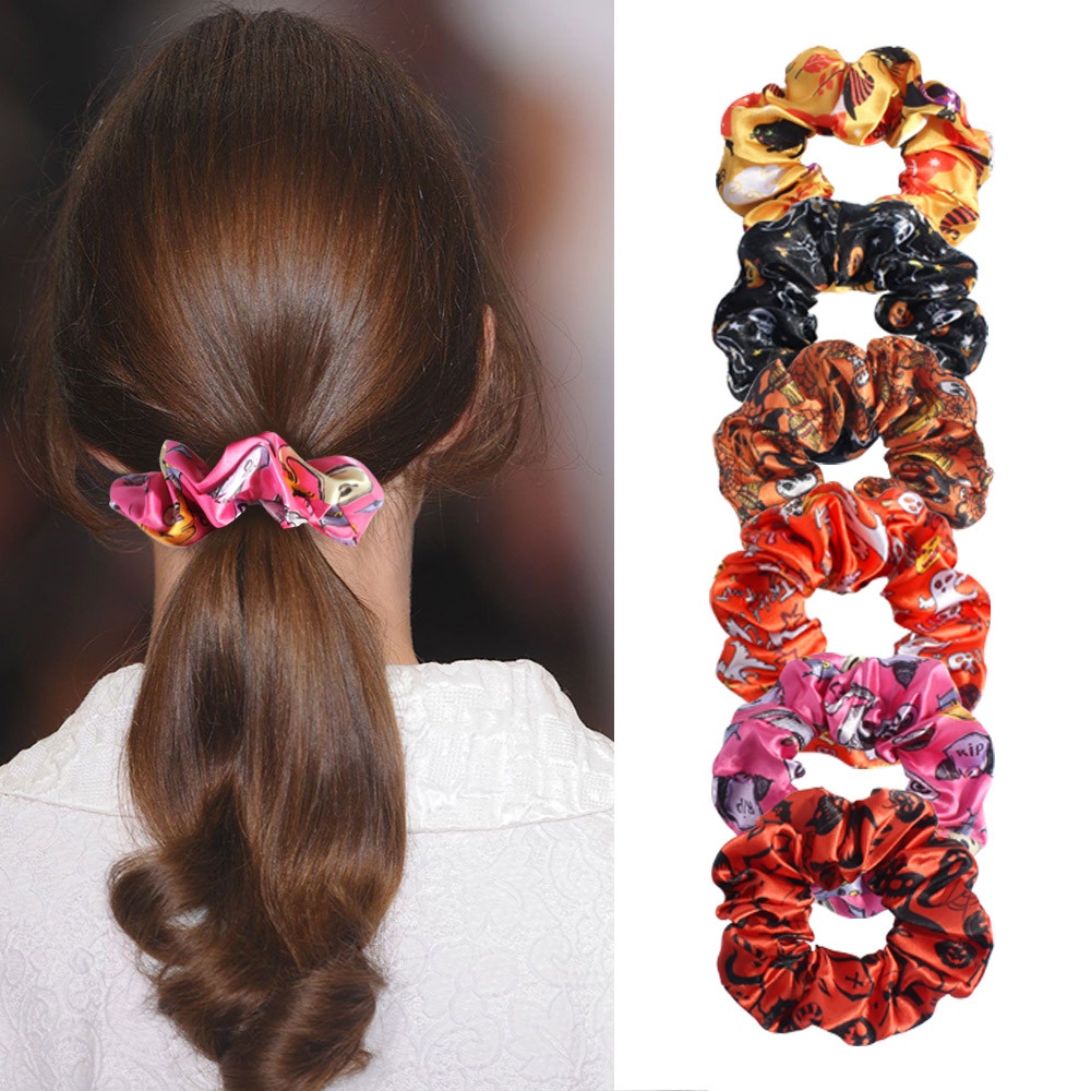 Women's High Elasticity Satin Scrunchies Digital Halloween Print