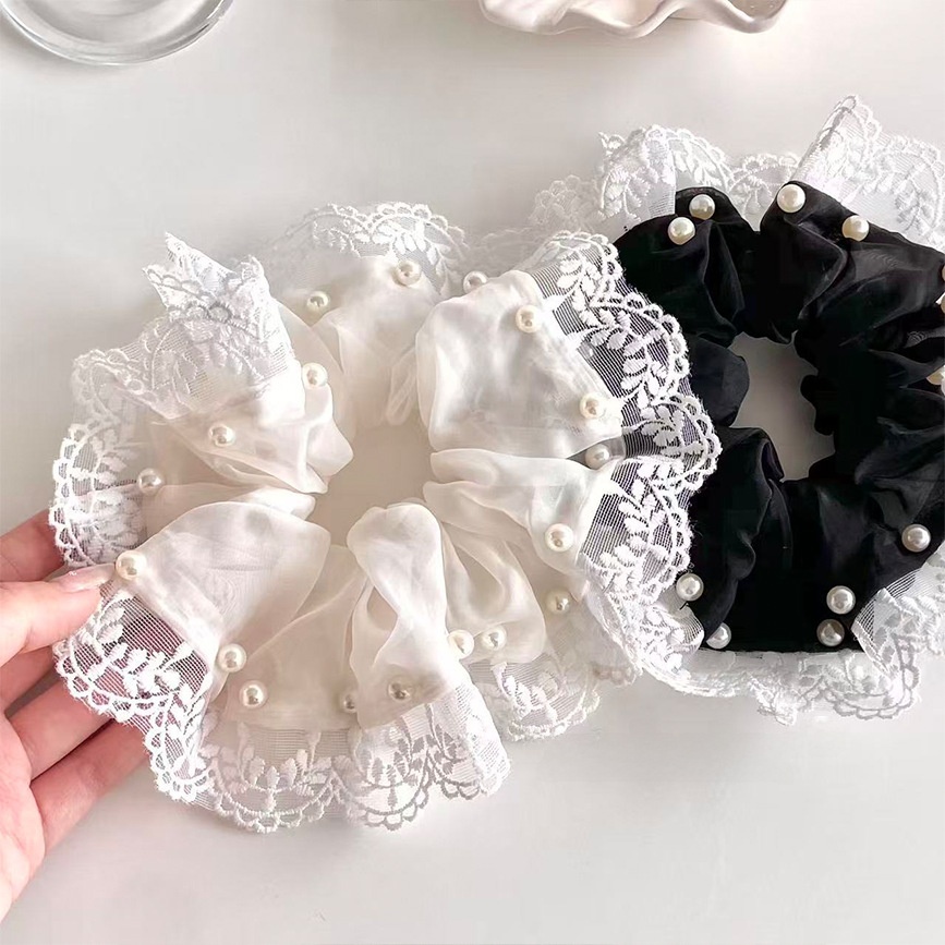 Women's Elegant Pearl Organza Spring Hair Scrunchie Black White Lace