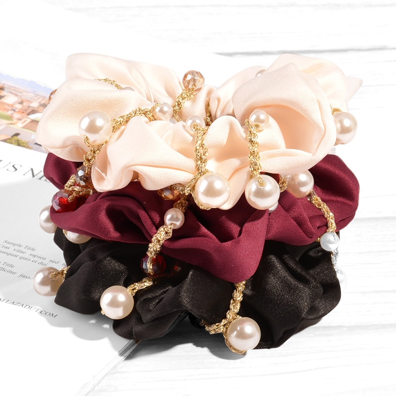 Women's Dual-Use Pearl Crystal Cloth Hair Tie Bracelet Solid Beige Black